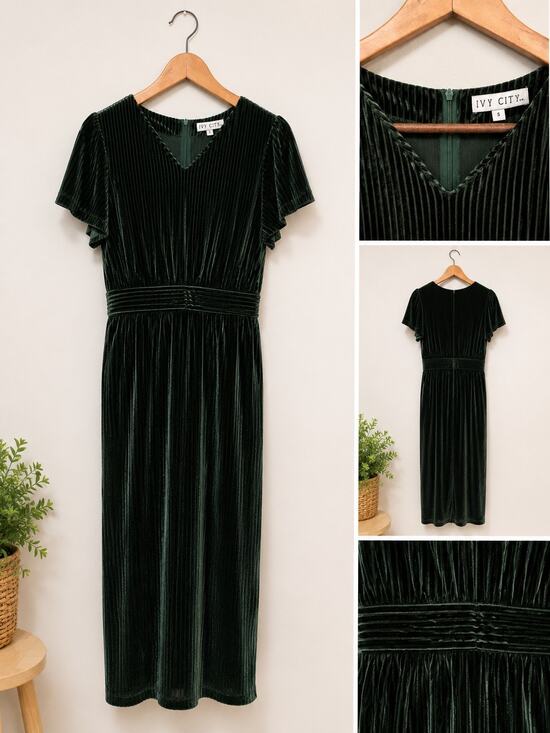 Ivy City Co. Pants - NWOT Ivy City Co Green Velvet Jumpsuit Sz S Empire Waist Flutter Sleeve Romper